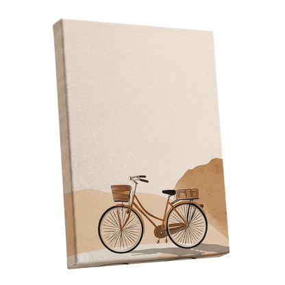 Desert Bicycle, beige, brown, orange minimalist wall art shown as a stretched canvas wall art