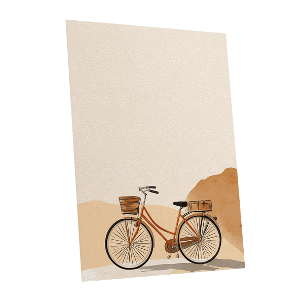 Desert Bicycle, beige, brown, orange minimalist wall art shown as a unframed poster wall art print
