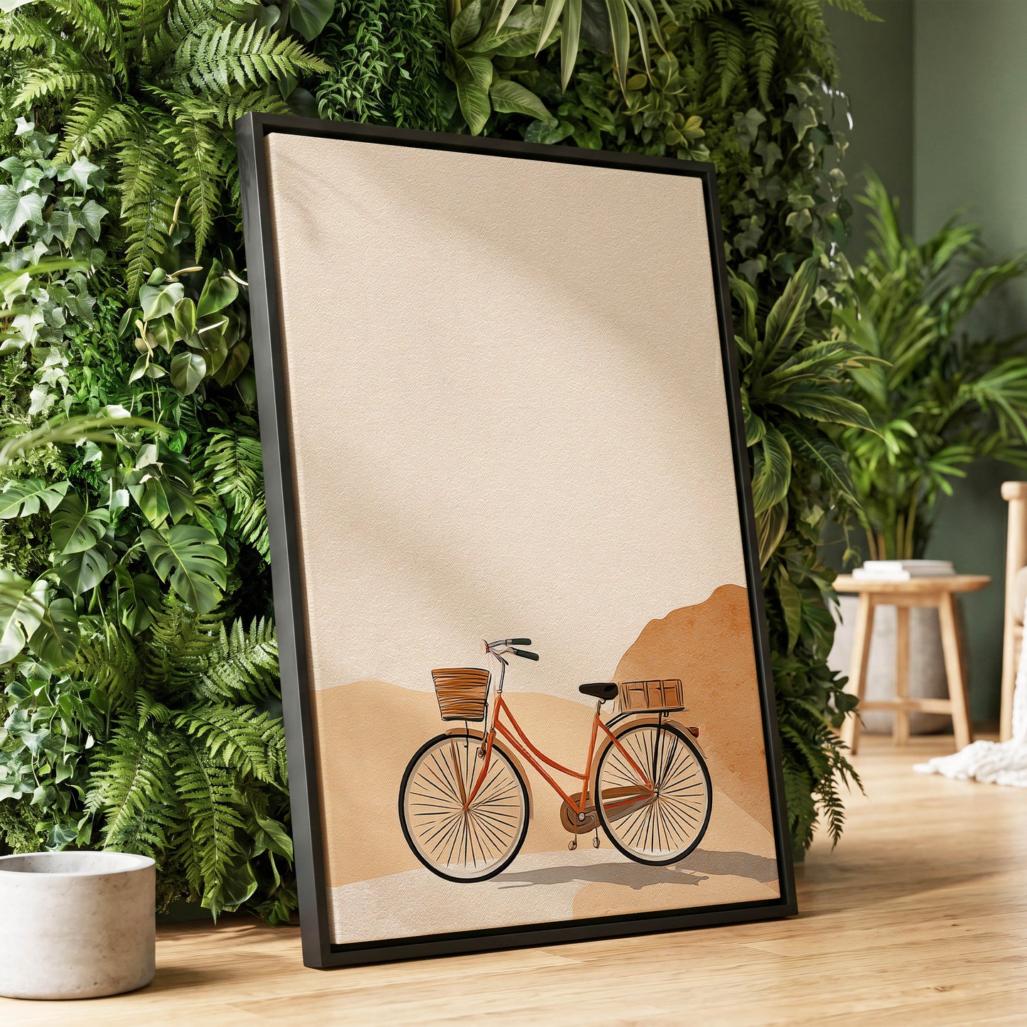 Desert Bicycle, beige, brown, orange minimalist wall art displayed in a styled interior, gallery view 1