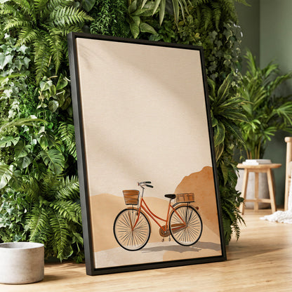 Desert Bicycle, beige, brown, orange minimalist wall art displayed in a styled interior, gallery view 1
