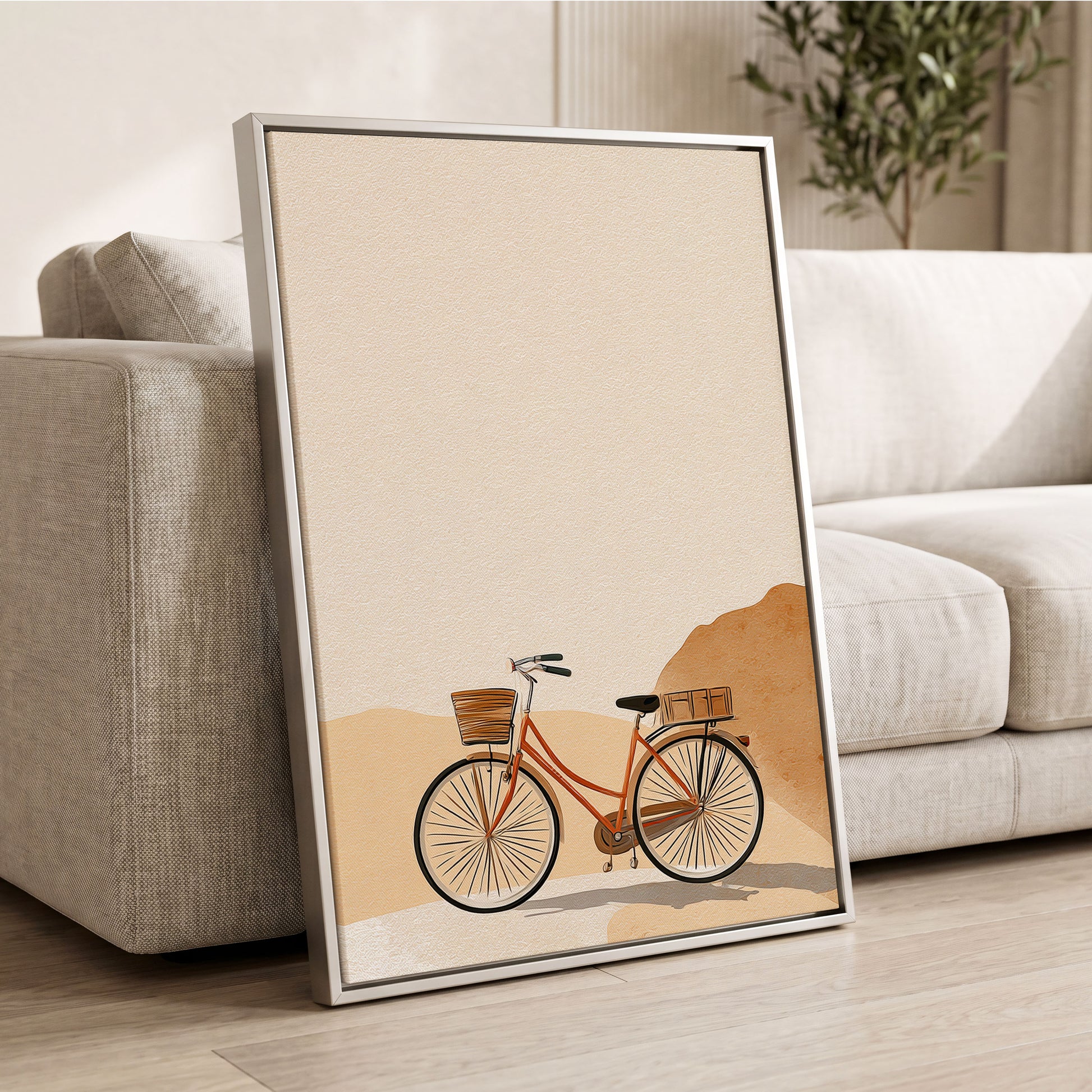 Desert Bicycle, beige, brown, orange minimalist wall art displayed in a styled interior, gallery view 2