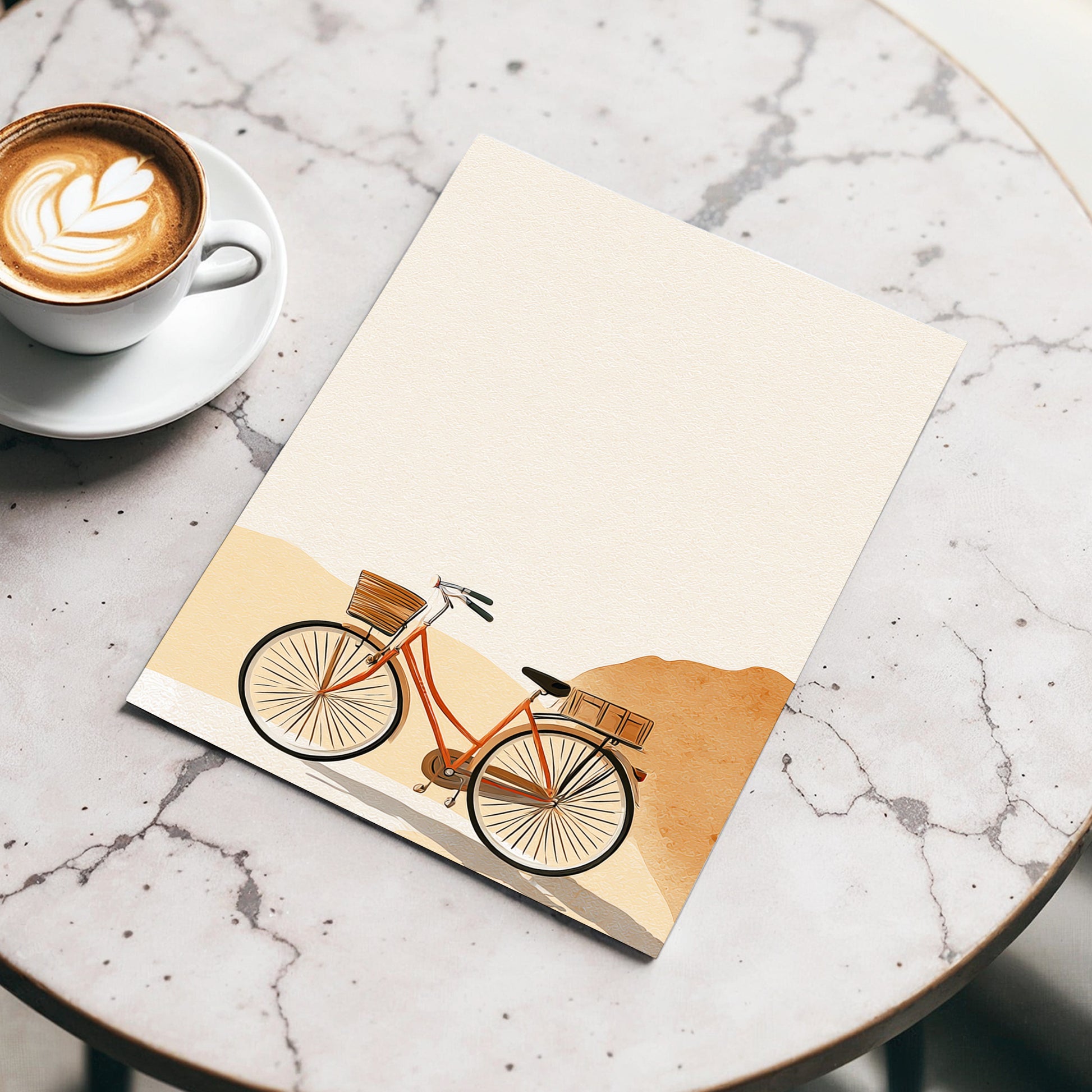 Desert Bicycle, beige, brown, orange minimalist wall art displayed in a styled interior, gallery view 3