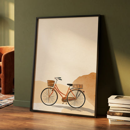 Desert Bicycle, beige, brown, orange minimalist wall art displayed in a styled interior, gallery view 4