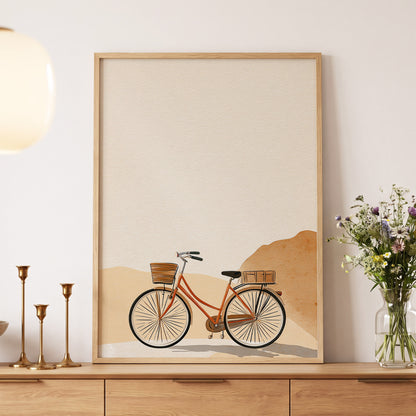 Desert Bicycle, beige, brown, orange minimalist wall art displayed in a styled interior, gallery view 5