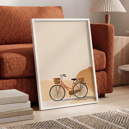 Desert Bicycle, beige, brown, orange minimalist wall art displayed in a styled interior, gallery view 6