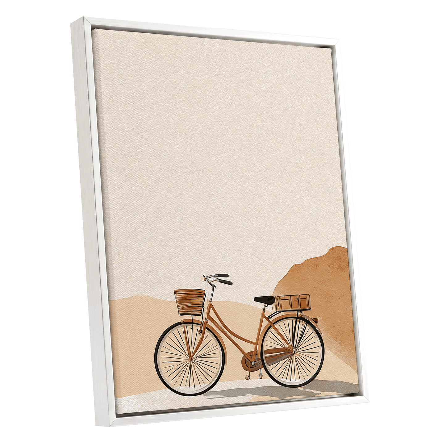 Desert Bicycle, beige, brown, orange minimalist wall art shown as a white framed canvas wall art