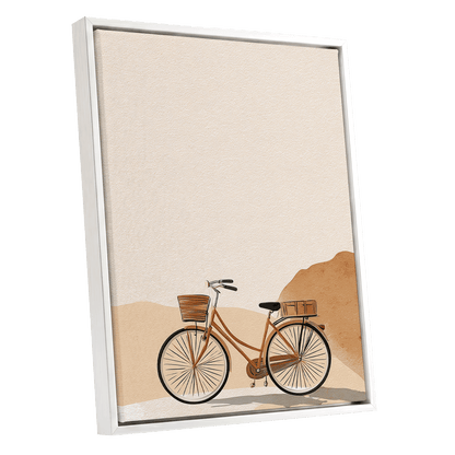 Desert Bicycle, beige, brown, orange minimalist wall art shown as a white framed canvas wall art