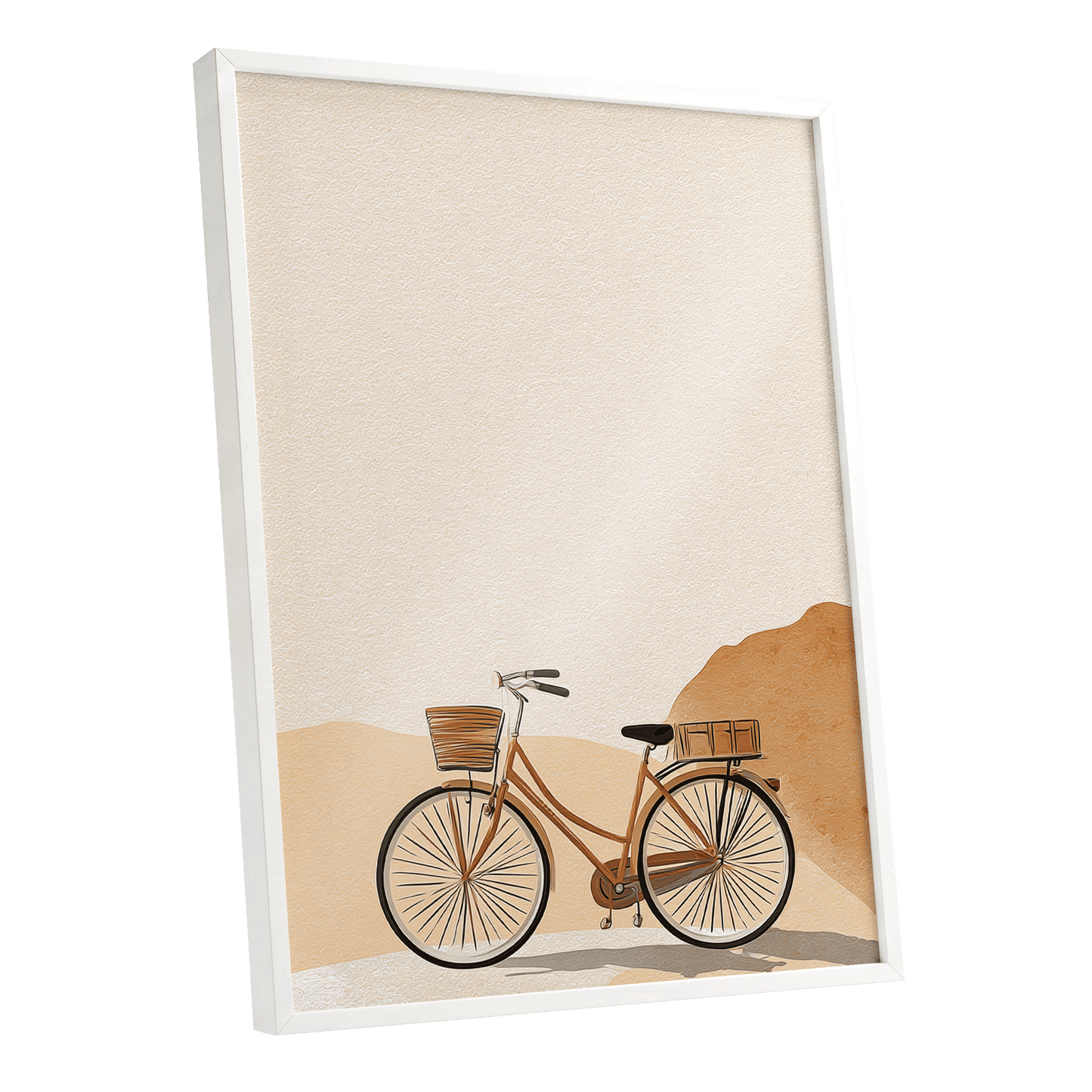 Desert Bicycle, beige, brown, orange minimalist wall art shown as a white framed poster wall art print