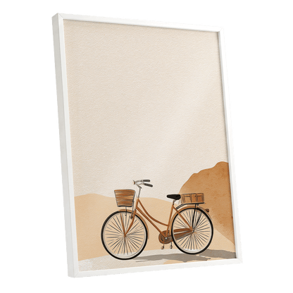 Desert Bicycle, beige, brown, orange minimalist wall art shown as a white framed poster wall art print