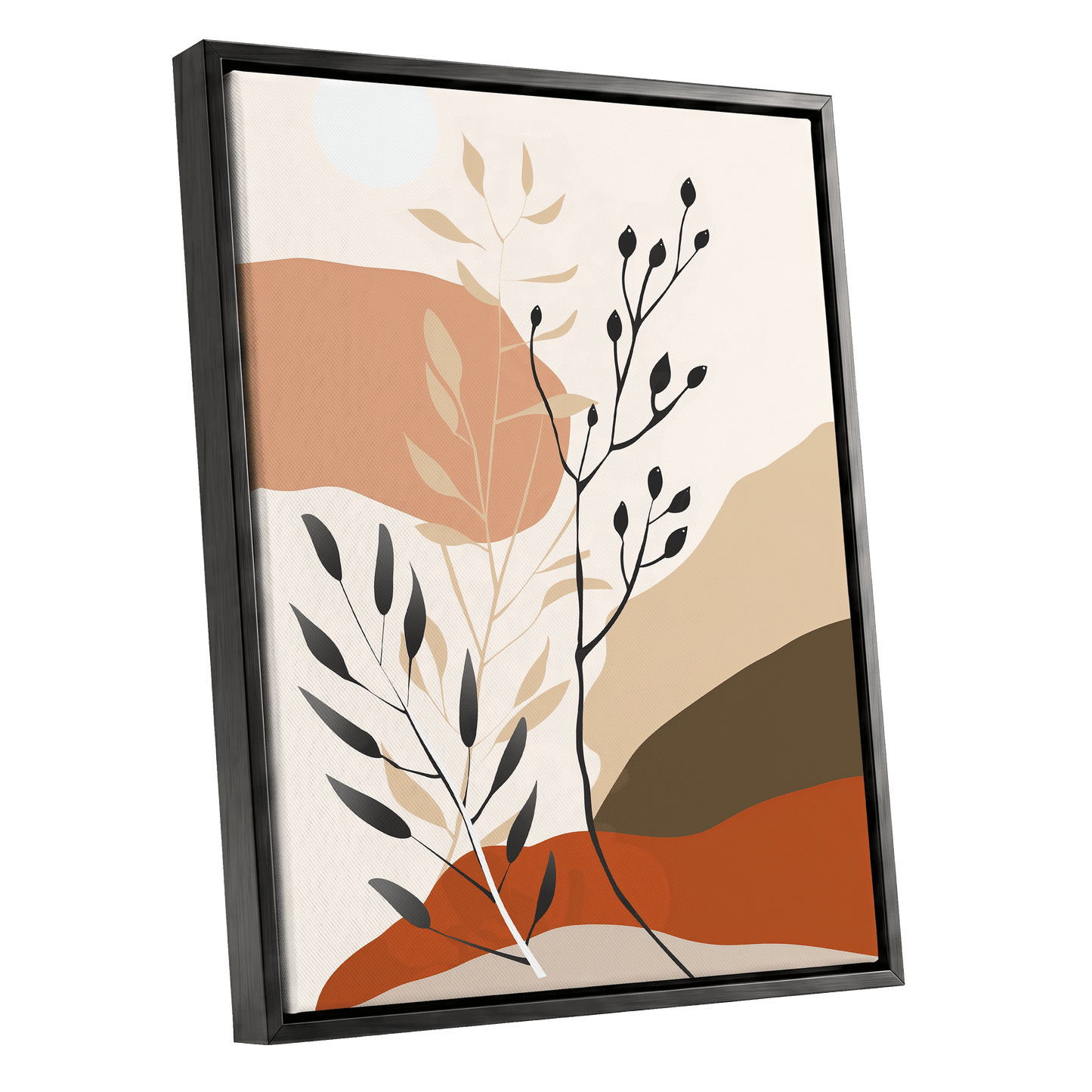 Desert Botanicals, beige, orange, black floral wall art shown as a black framed canvas wall art