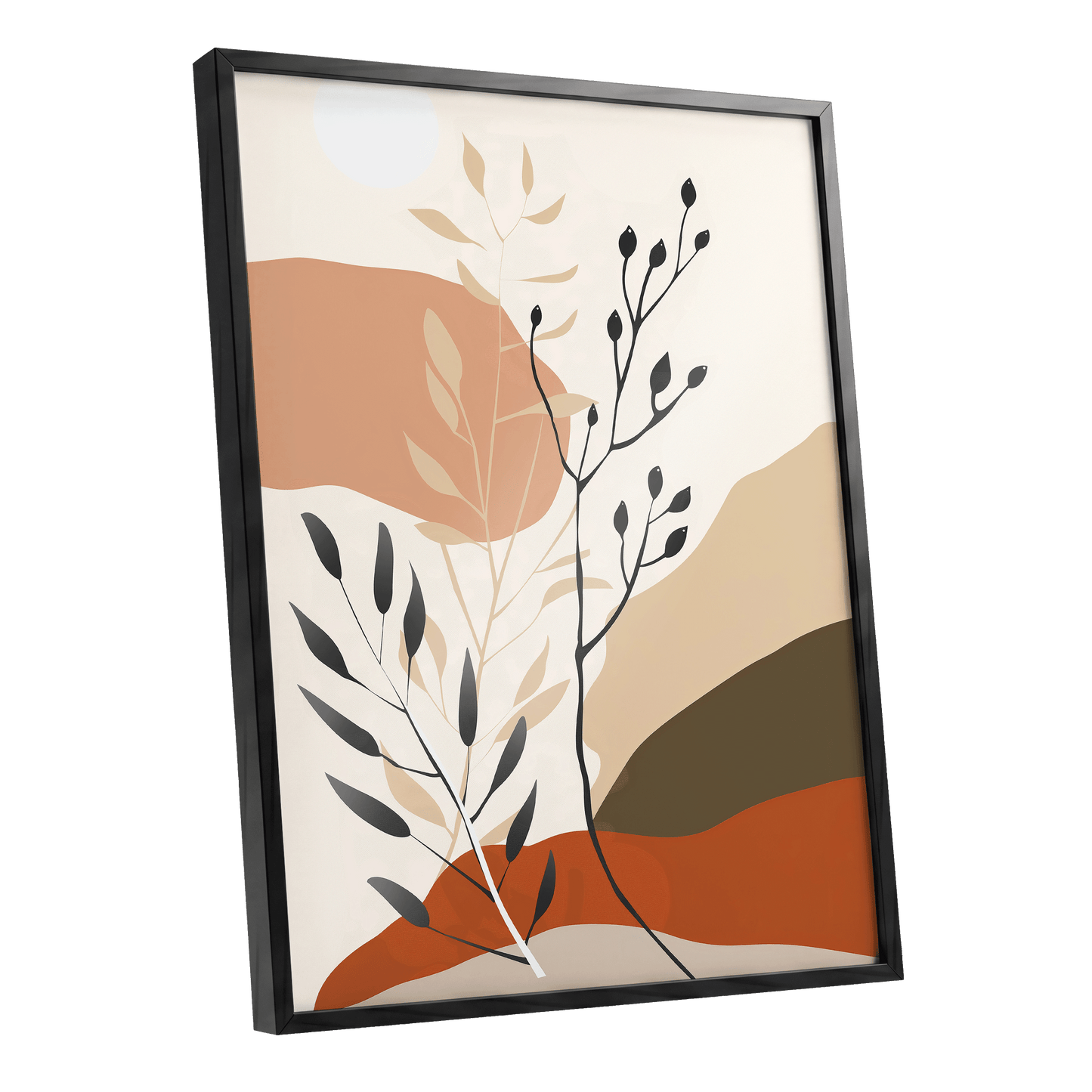 Desert Botanicals, beige, orange, black floral wall art shown as a black framed poster wall art print