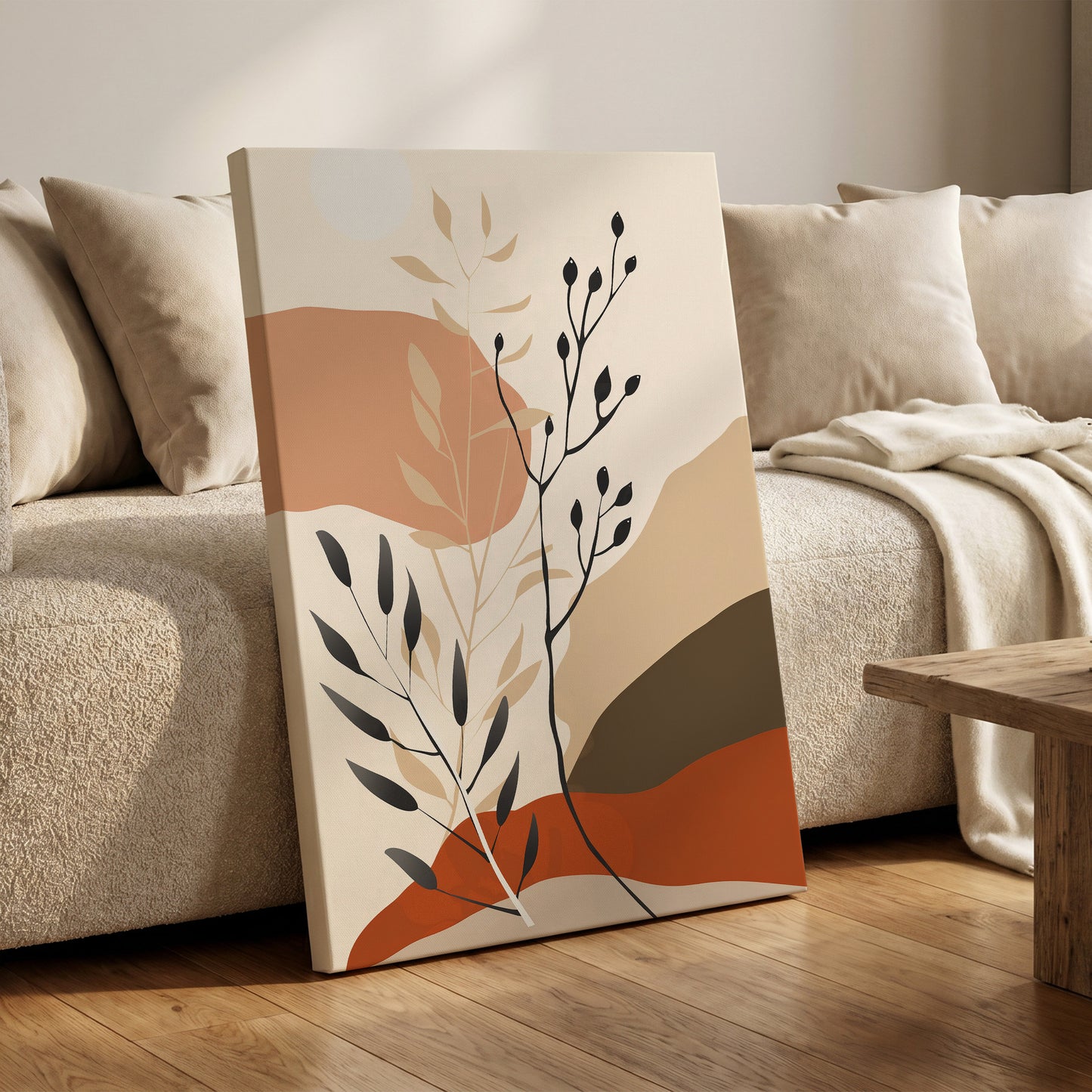 Desert Botanicals, beige, orange, black floral wall art on canvas displayed in a styled interior, gallery view 1