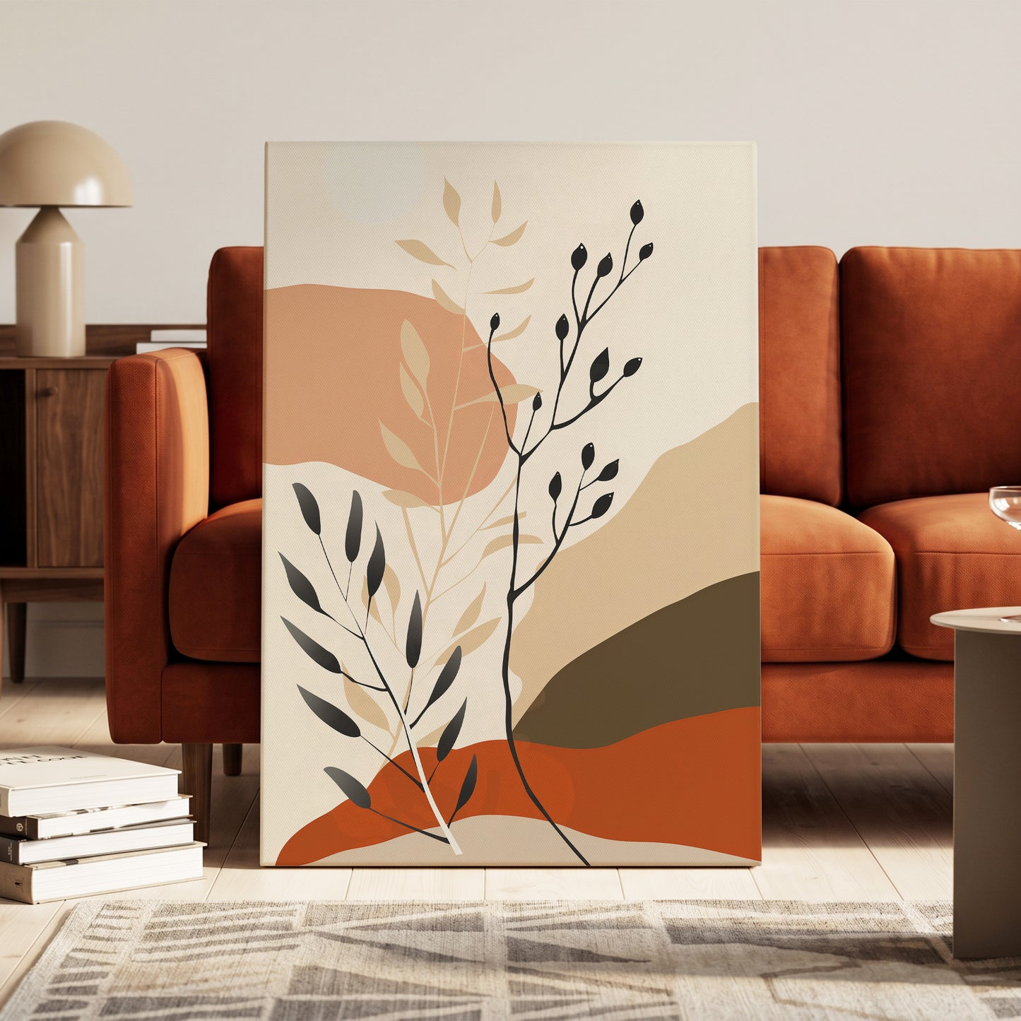 Desert Botanicals, beige, orange, black floral wall art on canvas displayed in a styled interior, gallery view 2