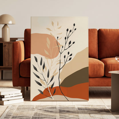 Desert Botanicals, beige, orange, black floral wall art on canvas displayed in a styled interior, gallery view 2