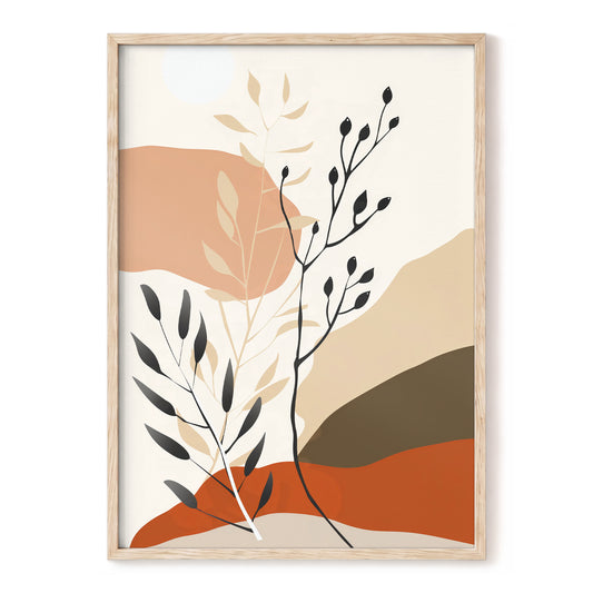 Desert Botanicals, beige, orange, black floral wall art, front artwork view