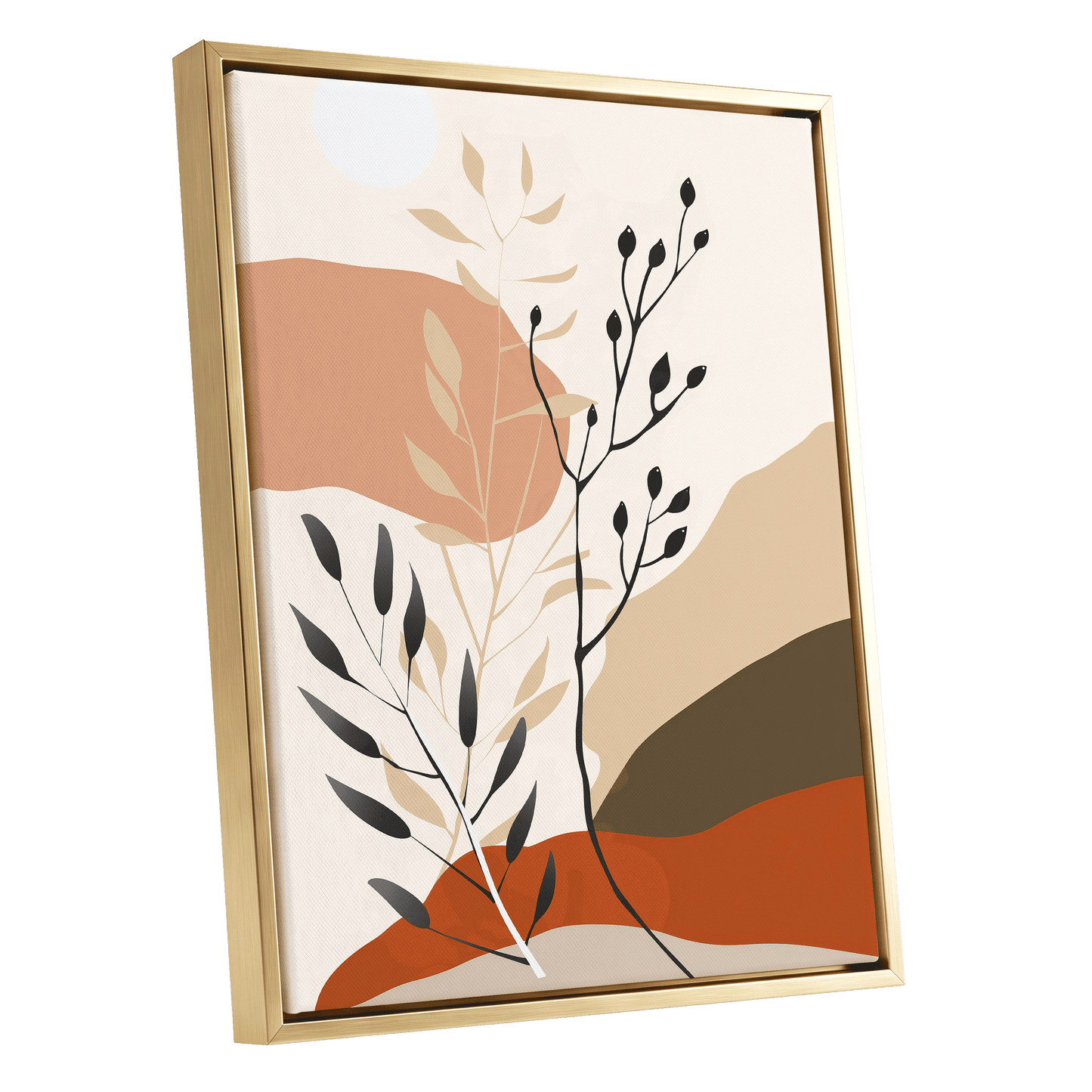 Desert Botanicals, beige, orange, black floral wall art shown as a gold framed canvas wall art