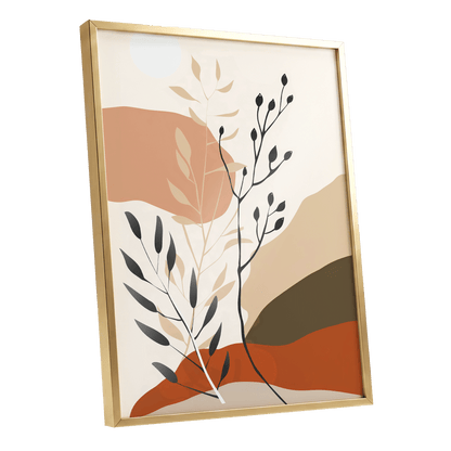 Desert Botanicals, beige, orange, black floral wall art shown as a gold framed poster wall art print