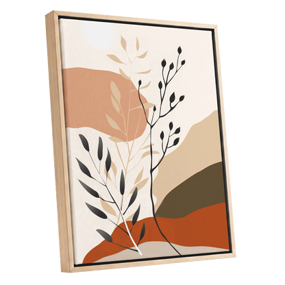 Desert Botanicals, beige, orange, black floral wall art shown as a oak framed canvas wall art