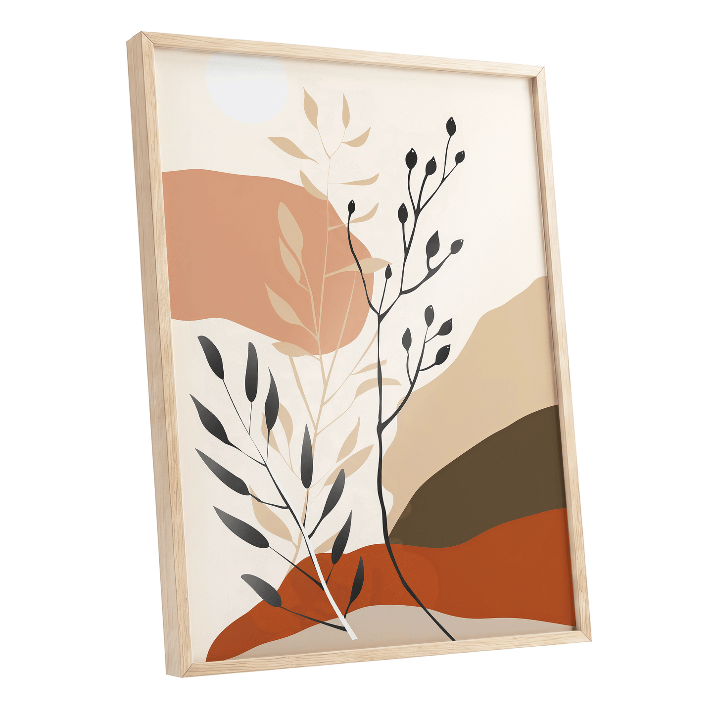 Desert Botanicals, beige, orange, black floral wall art shown as a oak framed poster wall art print