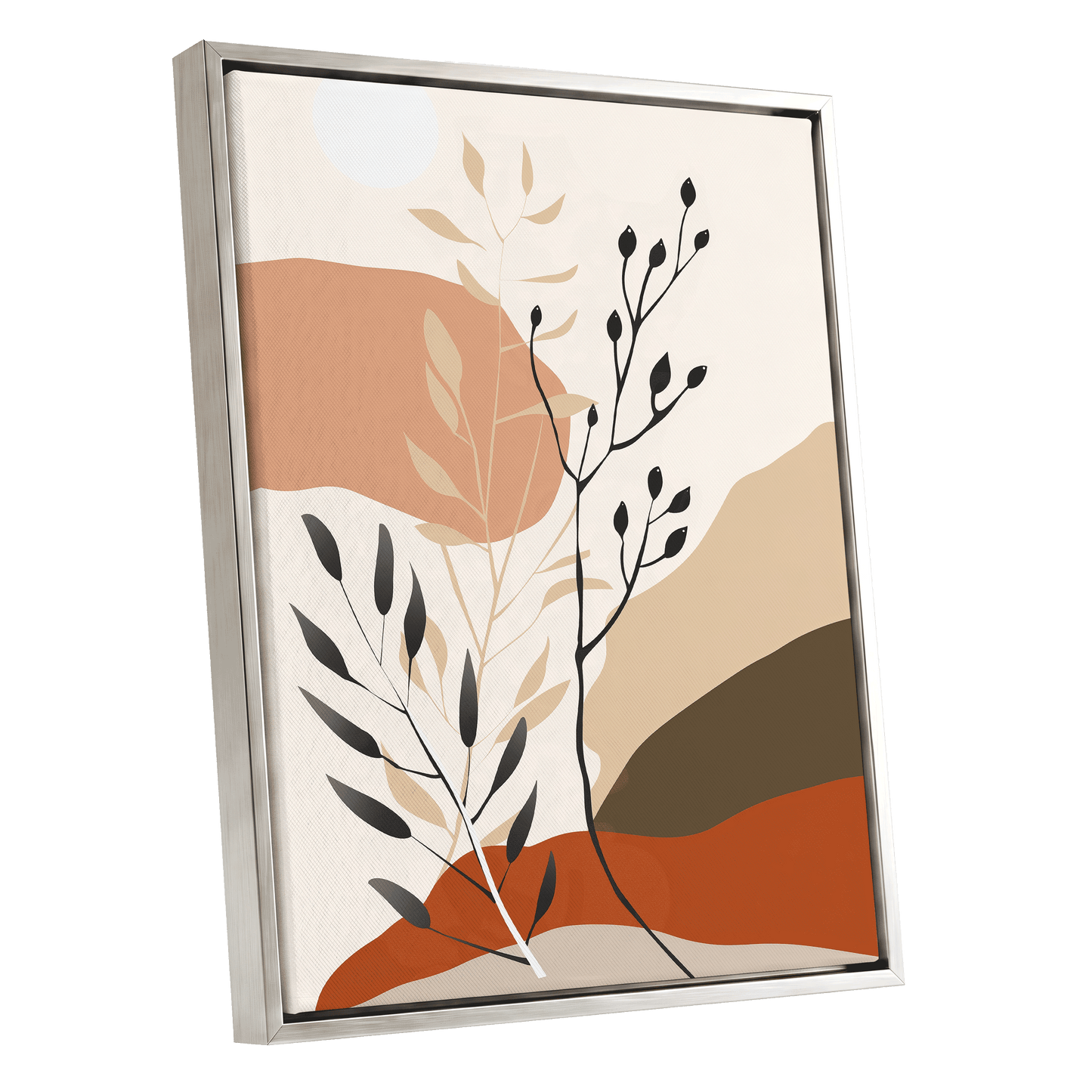 Desert Botanicals, beige, orange, black floral wall art shown as a silver framed canvas wall art