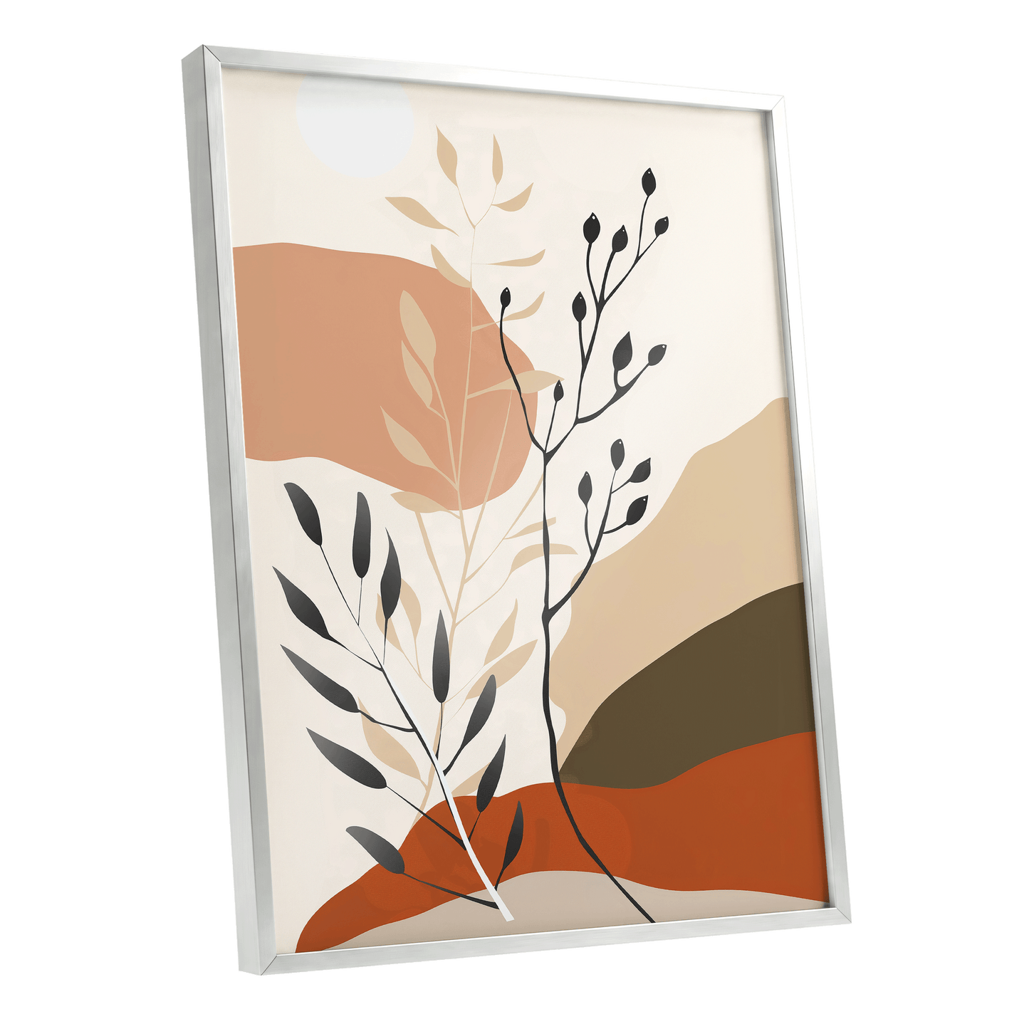 Desert Botanicals, beige, orange, black floral wall art shown as a silver framed poster wall art print