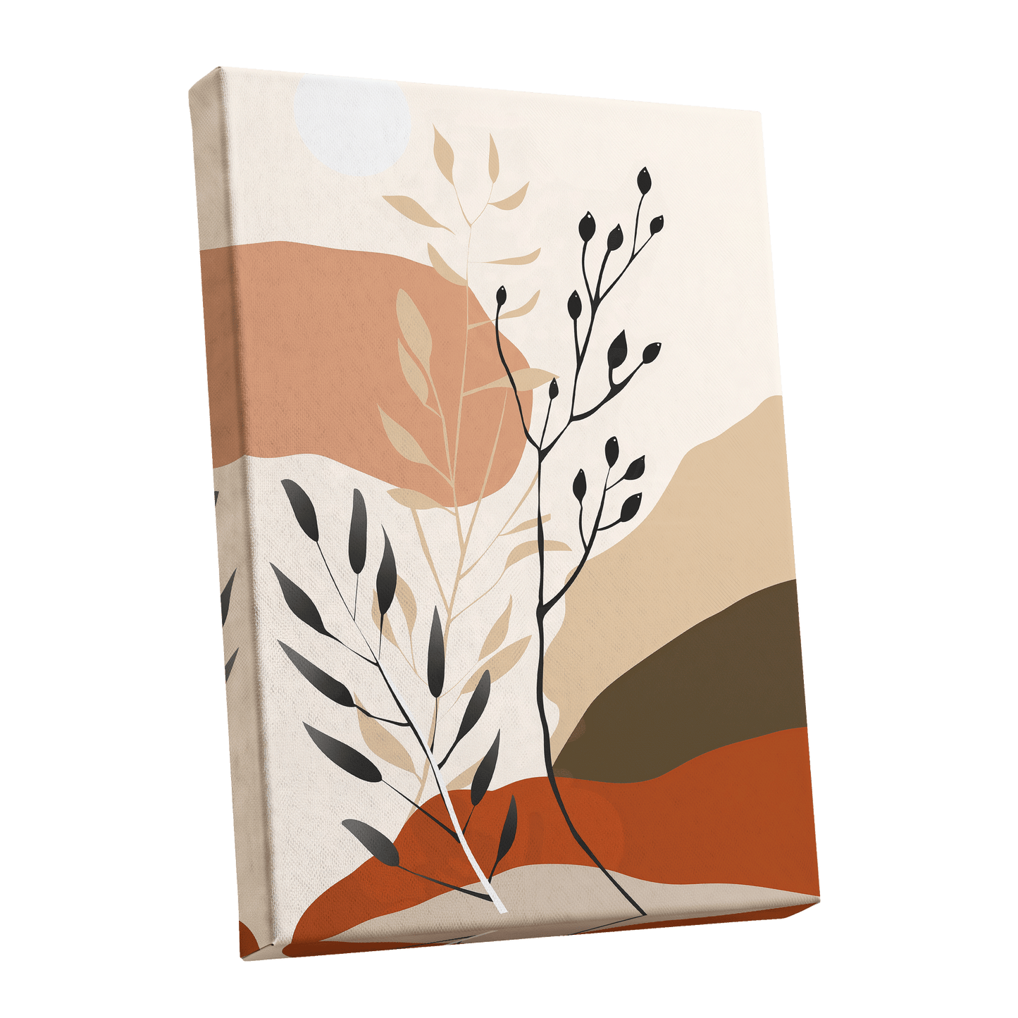 Desert Botanicals, beige, orange, black floral wall art shown as a stretched canvas wall art