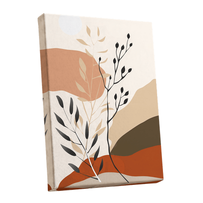 Desert Botanicals, beige, orange, black floral wall art shown as a stretched canvas wall art