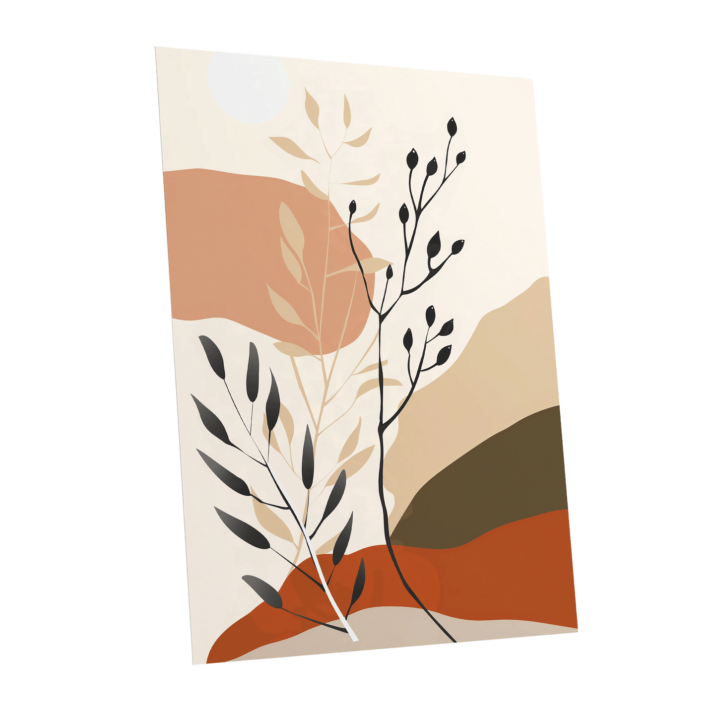 Desert Botanicals, beige, orange, black floral wall art shown as a unframed poster wall art print