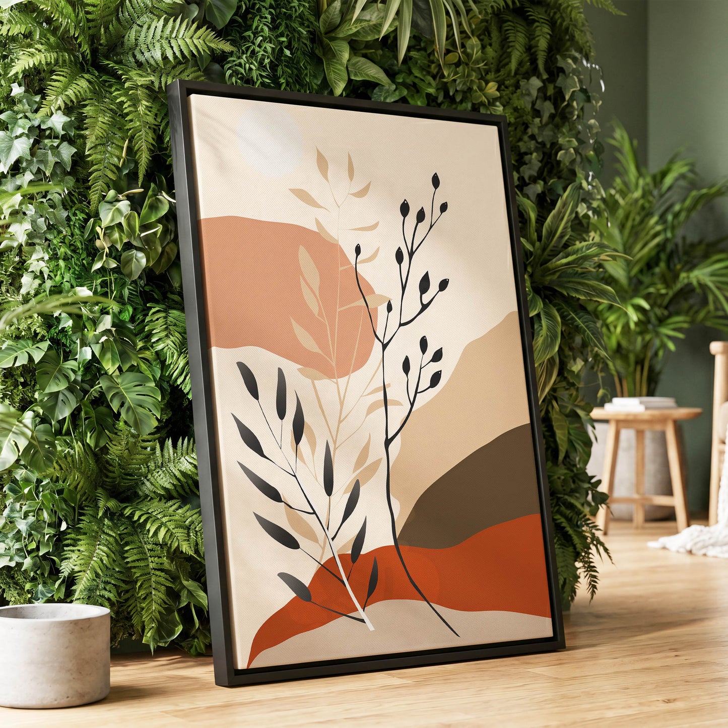 Desert Botanicals, beige, orange, black floral wall art displayed in a styled interior, gallery view 1