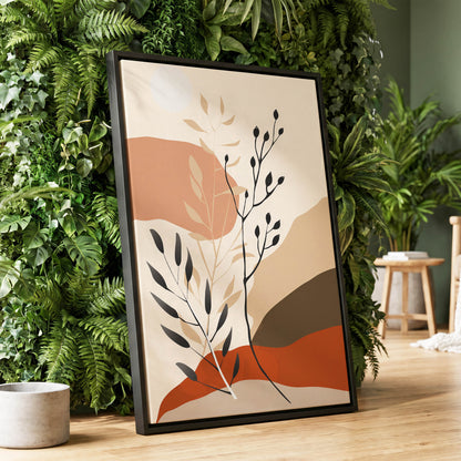 Desert Botanicals, beige, orange, black floral wall art displayed in a styled interior, gallery view 1