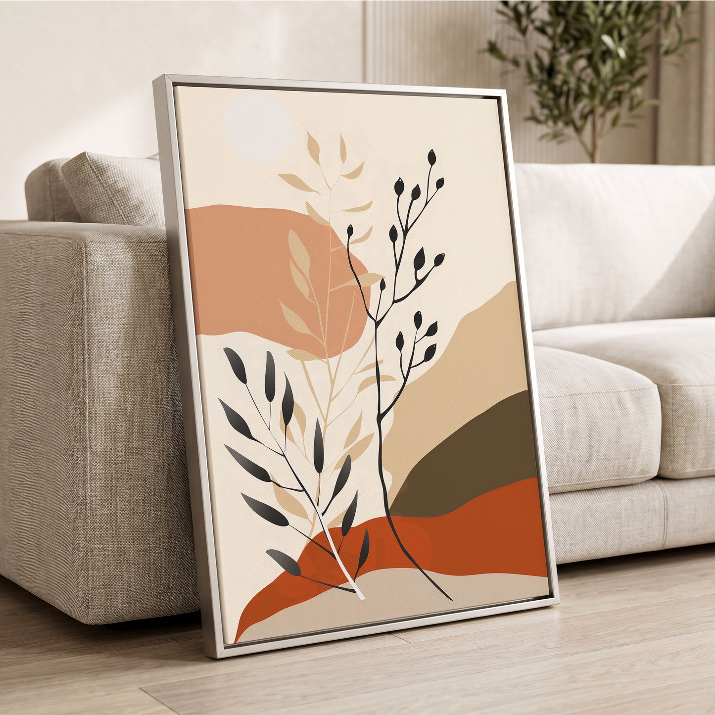 Desert Botanicals, beige, orange, black floral wall art displayed in a styled interior, gallery view 2
