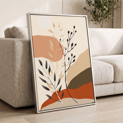 Desert Botanicals, beige, orange, black floral wall art displayed in a styled interior, gallery view 2