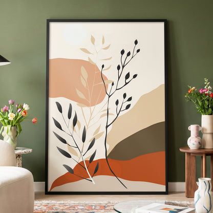 Desert Botanicals, beige, orange, black floral wall art displayed in a styled interior, gallery view 4