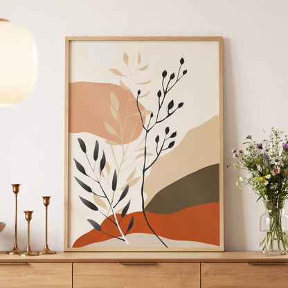 Desert Botanicals, beige, orange, black floral wall art displayed in a styled interior, gallery view 5