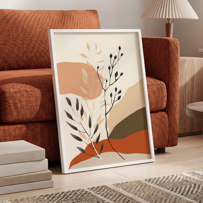 Desert Botanicals, beige, orange, black floral wall art displayed in a styled interior, gallery view 6