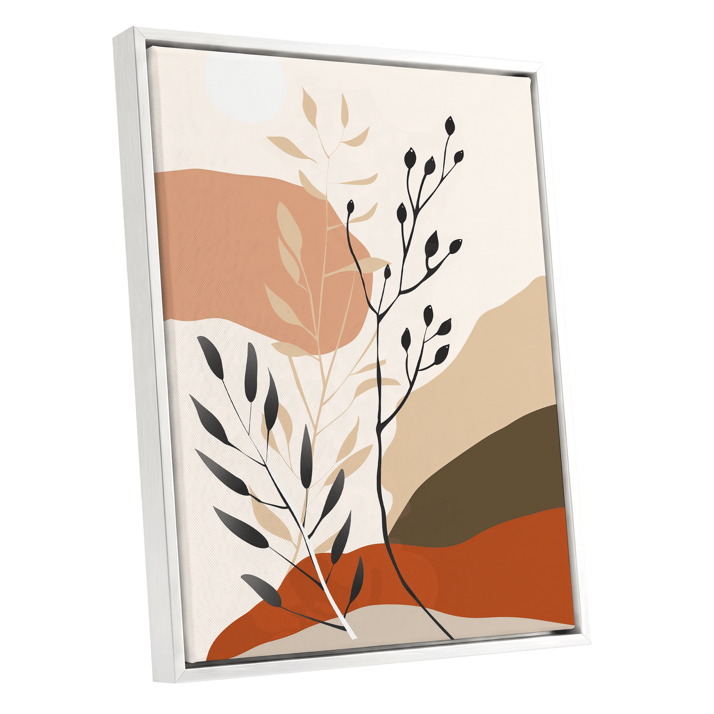 Desert Botanicals, beige, orange, black floral wall art shown as a white framed canvas wall art
