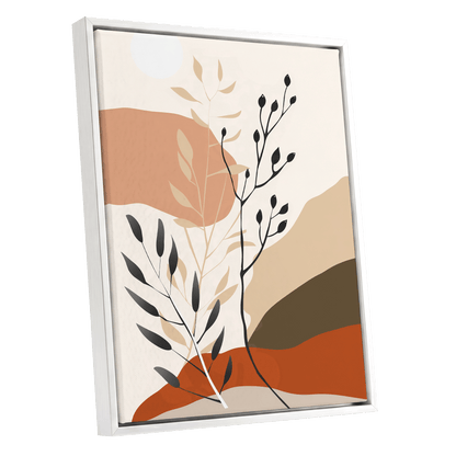 Desert Botanicals, beige, orange, black floral wall art shown as a white framed canvas wall art