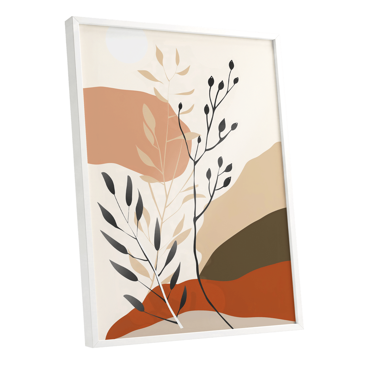 Desert Botanicals, beige, orange, black floral wall art shown as a white framed poster wall art print