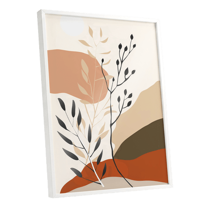 Desert Botanicals, beige, orange, black floral wall art shown as a white framed poster wall art print