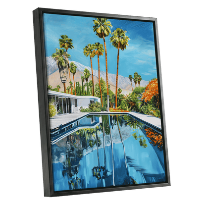 Desert Pool Reverie, blue, green, white nature wall art shown as a black framed canvas wall art