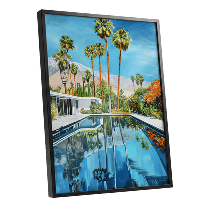 Desert Pool Reverie, blue, green, white nature wall art shown as a black framed poster wall art print