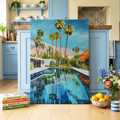 Desert Pool Reverie, blue, green, white nature wall art on canvas displayed in a styled interior, gallery view 1