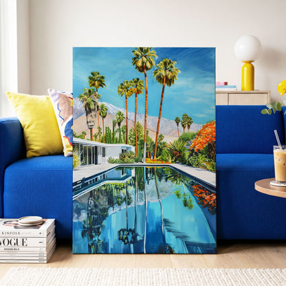 Desert Pool Reverie, blue, green, white nature wall art on canvas displayed in a styled interior, gallery view 2