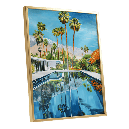 Desert Pool Reverie, blue, green, white nature wall art shown as a gold framed poster wall art print