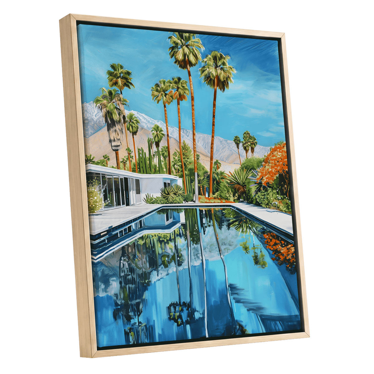 Desert Pool Reverie, blue, green, white nature wall art shown as a oak framed canvas wall art