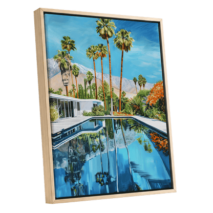 Desert Pool Reverie, blue, green, white nature wall art shown as a oak framed canvas wall art