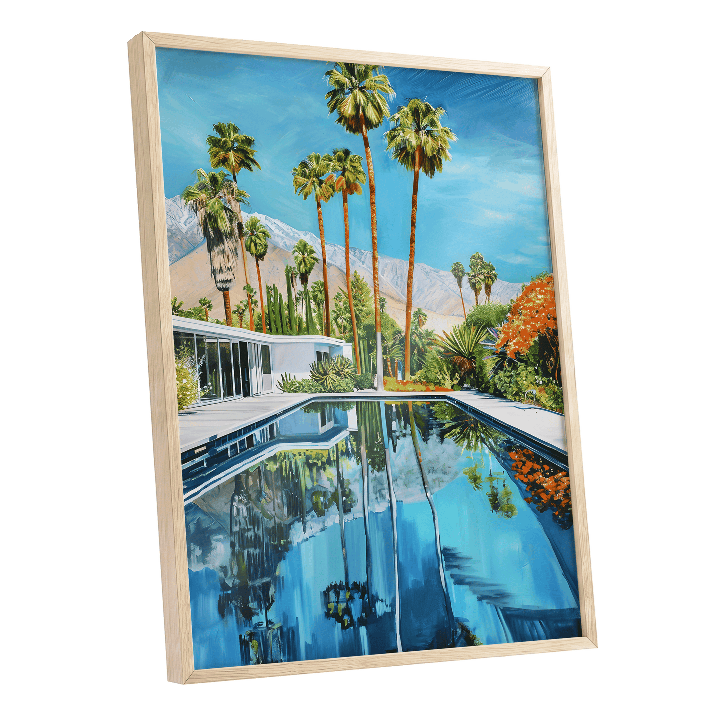 Desert Pool Reverie, blue, green, white nature wall art shown as a oak framed poster wall art print