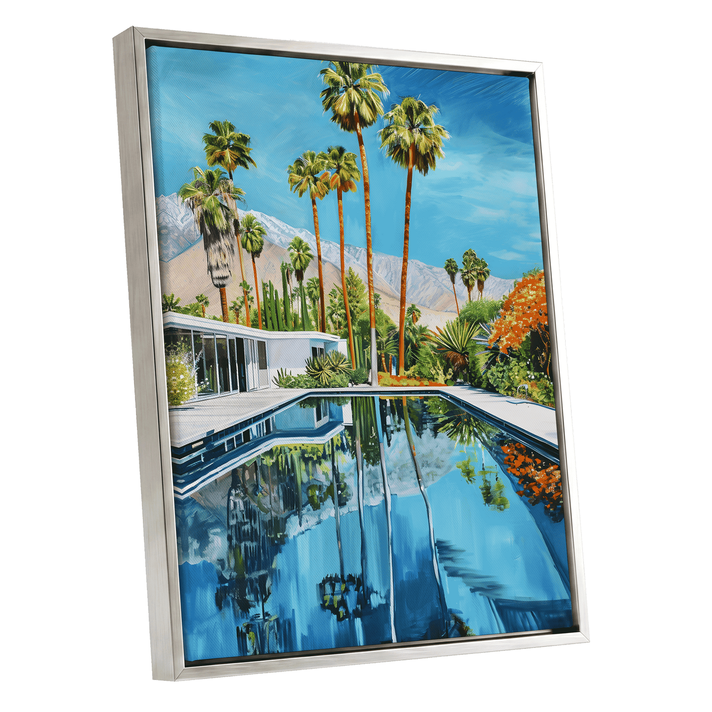 Desert Pool Reverie, blue, green, white nature wall art shown as a silver framed canvas wall art