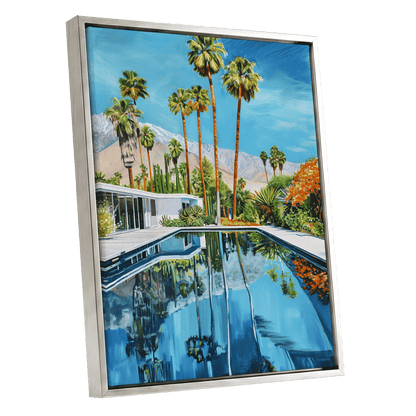 Desert Pool Reverie, blue, green, white nature wall art shown as a silver framed canvas wall art