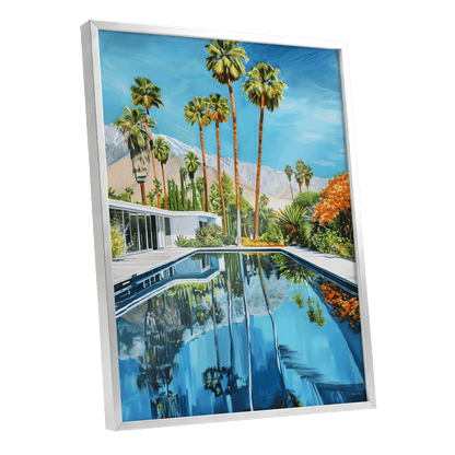 Desert Pool Reverie, blue, green, white nature wall art shown as a silver framed poster wall art print